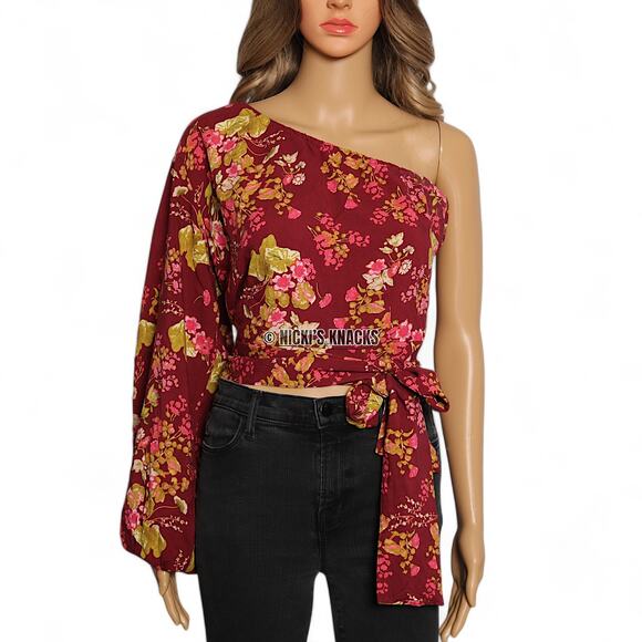 Rachel Roy One Shoulder Floral Tie Waist Top Puff Sleeve Red Boho Y2K Size M - Picture 2 of 10